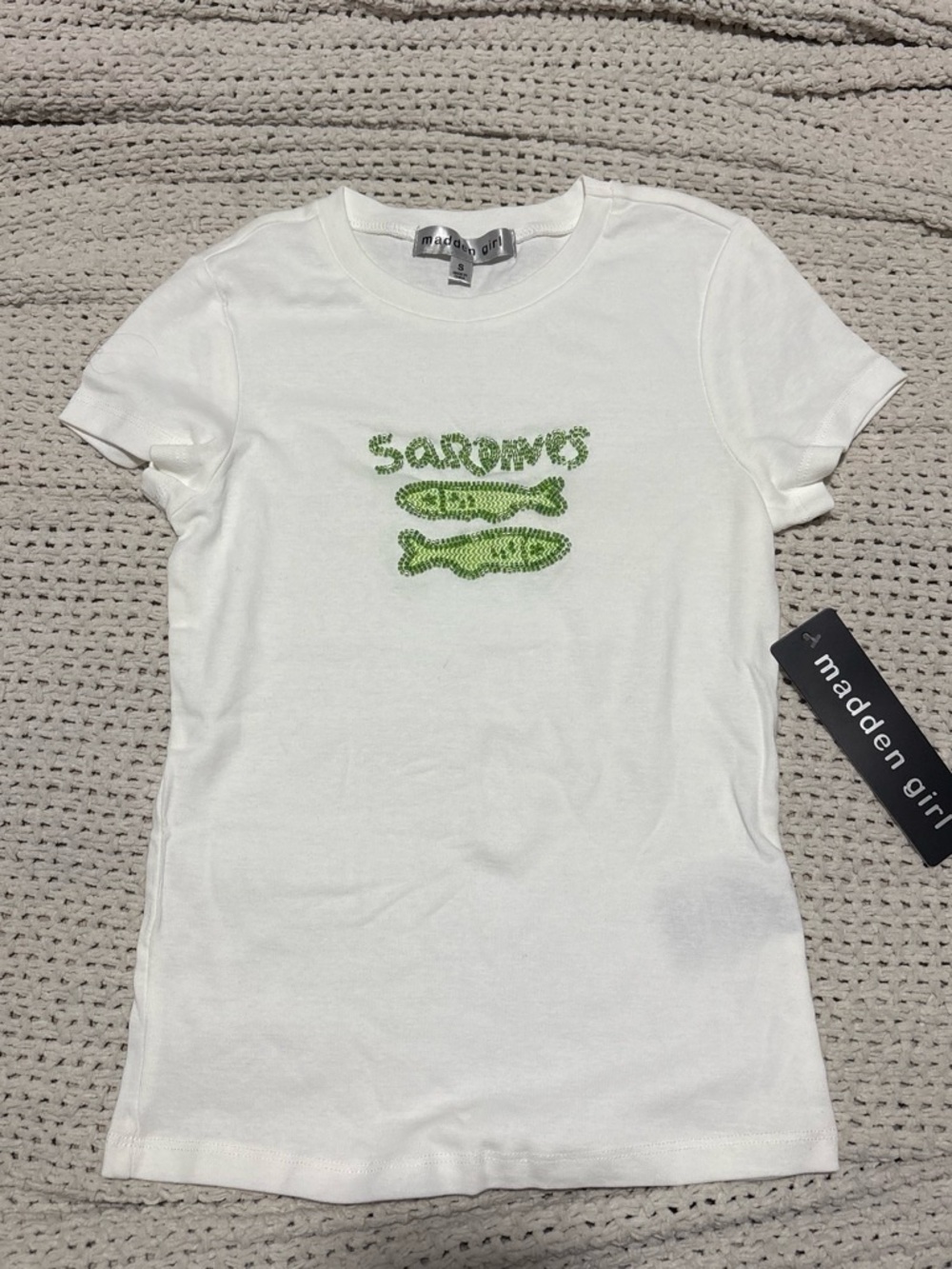 Madden Girl White Short Sleeve Tee with Green Beaded Fish